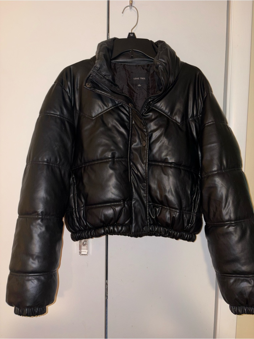 Love Tree Black Faux Leather Cropped Puffer Jacket